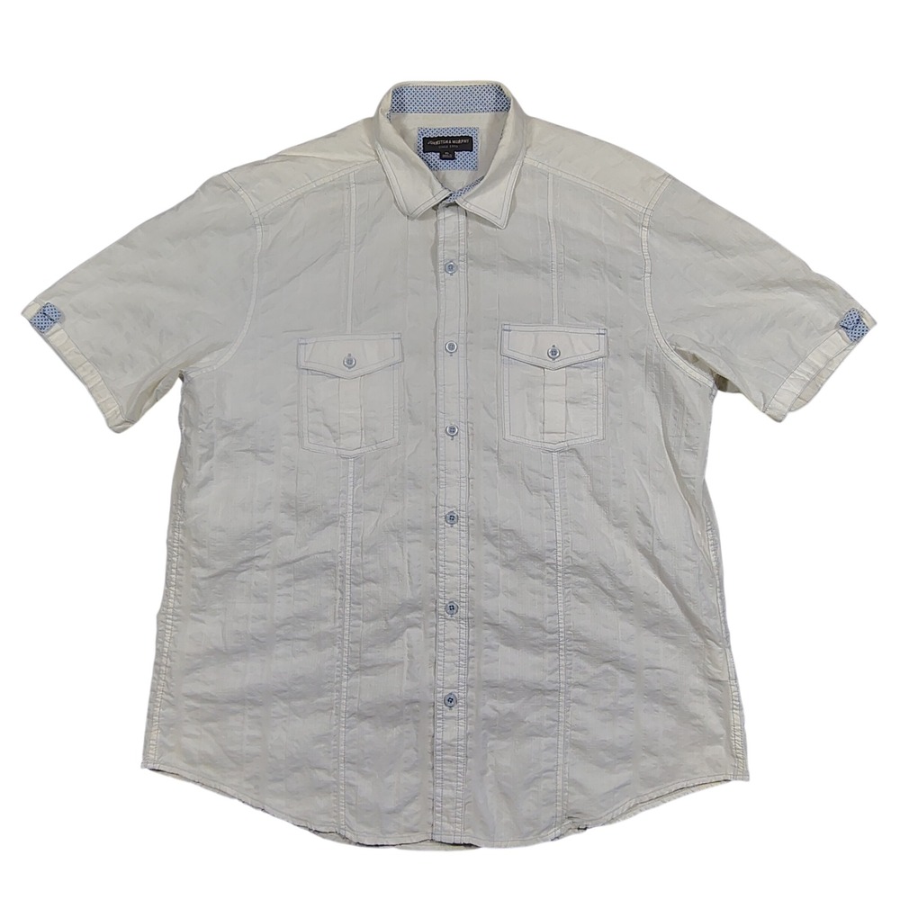 Johnston & Murphy Button Up Mens XL White Textured Stripe Short Sleeve Cotton